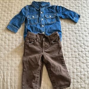 Blue Denim Shirt and Brown Pants Set